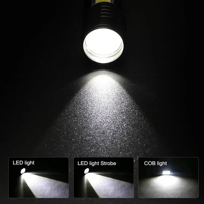 COB + XPE Mini USB Rechargeable Flashlight – Zoomable Small Torch with Clip, 350 Lumens, Waterproof Emergency Light for Camping, Hiking, Fishing
