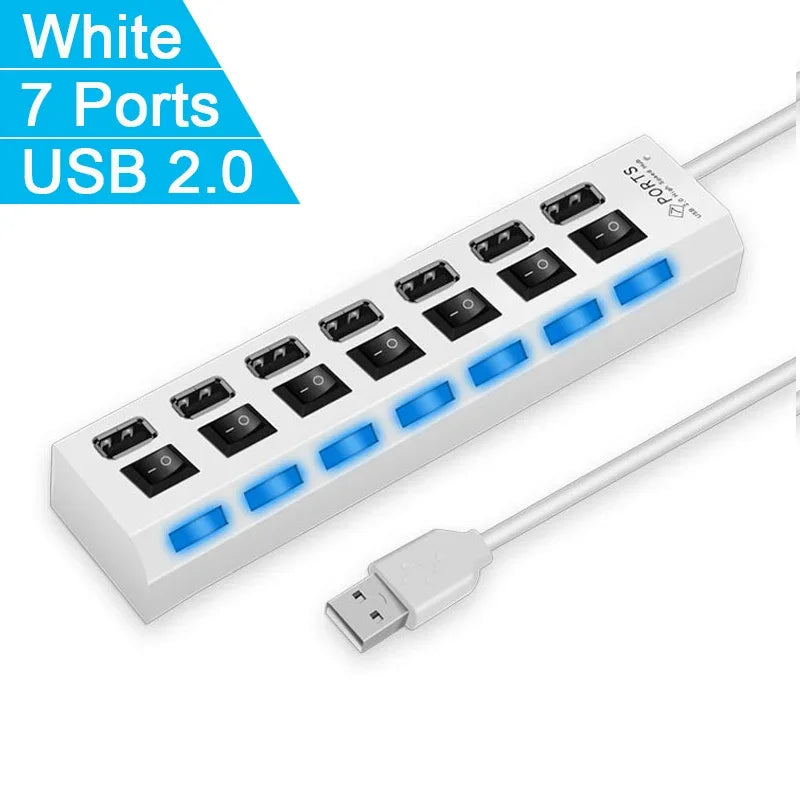 Multi USB Splitter Hub 2.0 – 4/7 Port High-Speed USB Expander with LED Switch for PC & Laptop Data Transfer