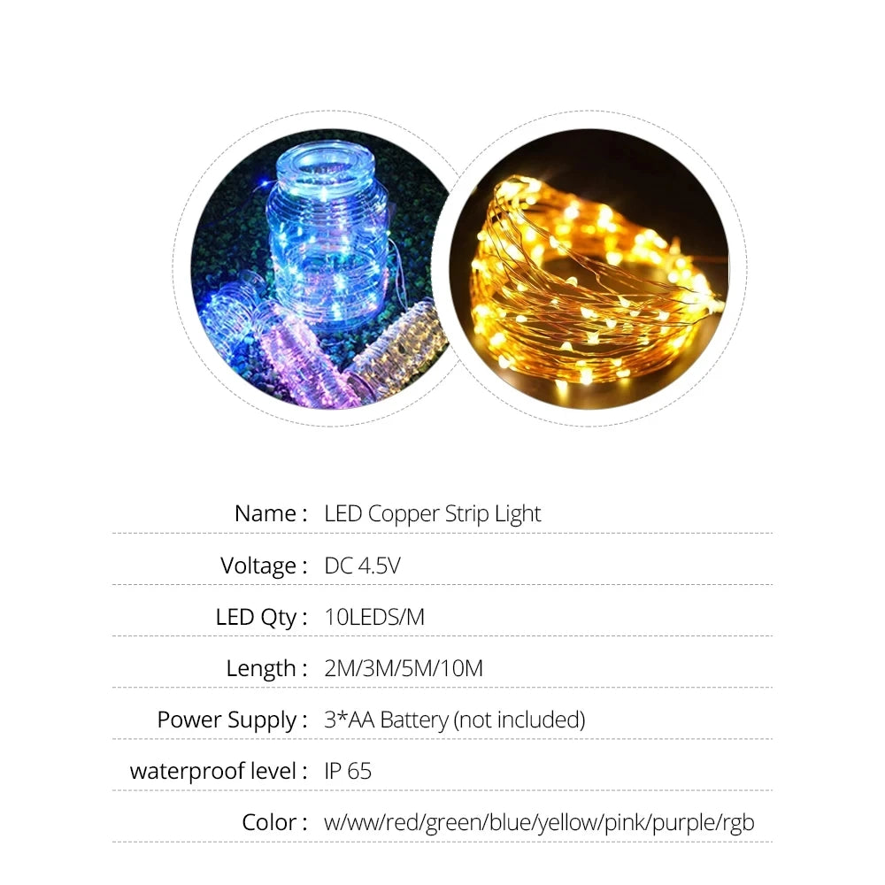 Copper Wire LED Tinsel Garland Battery Powered Fairy String Lights – 2M to 10M Waterproof Holiday Christmas Wedding Party Decor