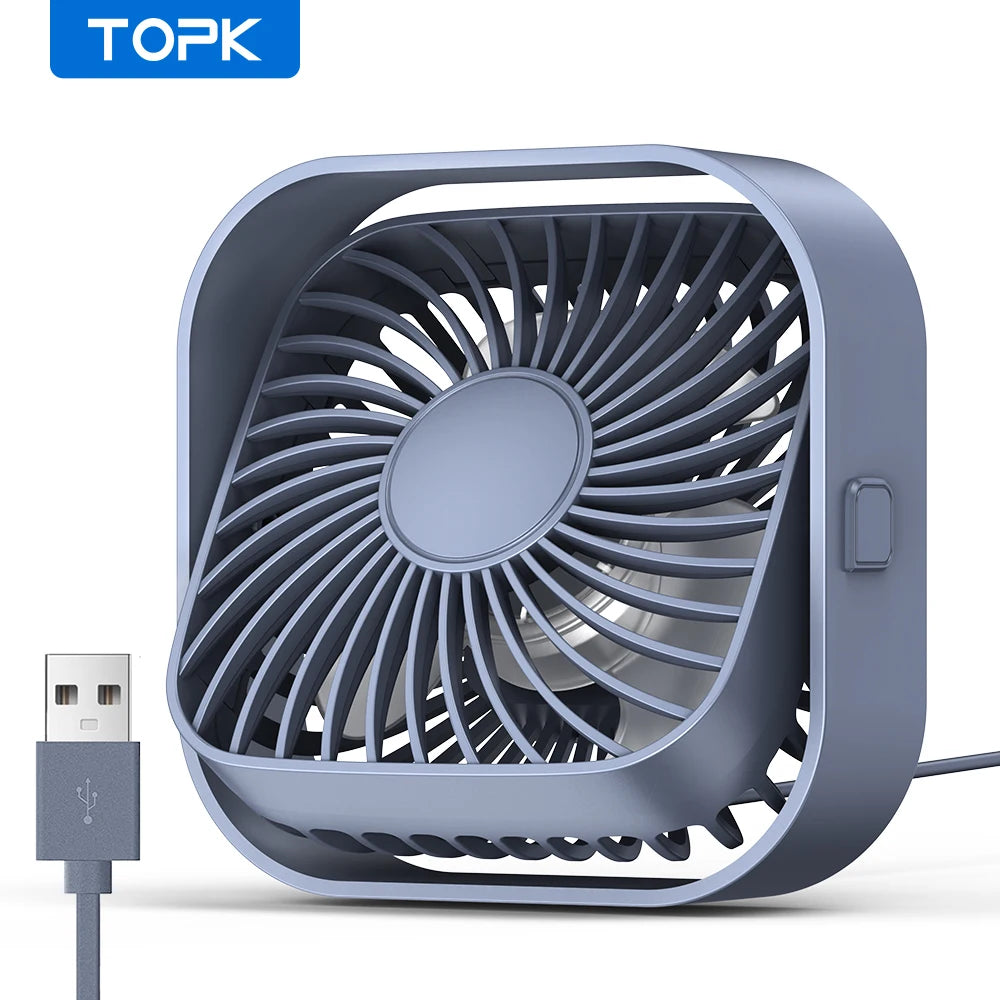 TOPK Mini Portable USB Desk Fan – Quiet 3-Speed Table Fan with Strong Airflow, 360° Rotation for Home, Office & Bedroom