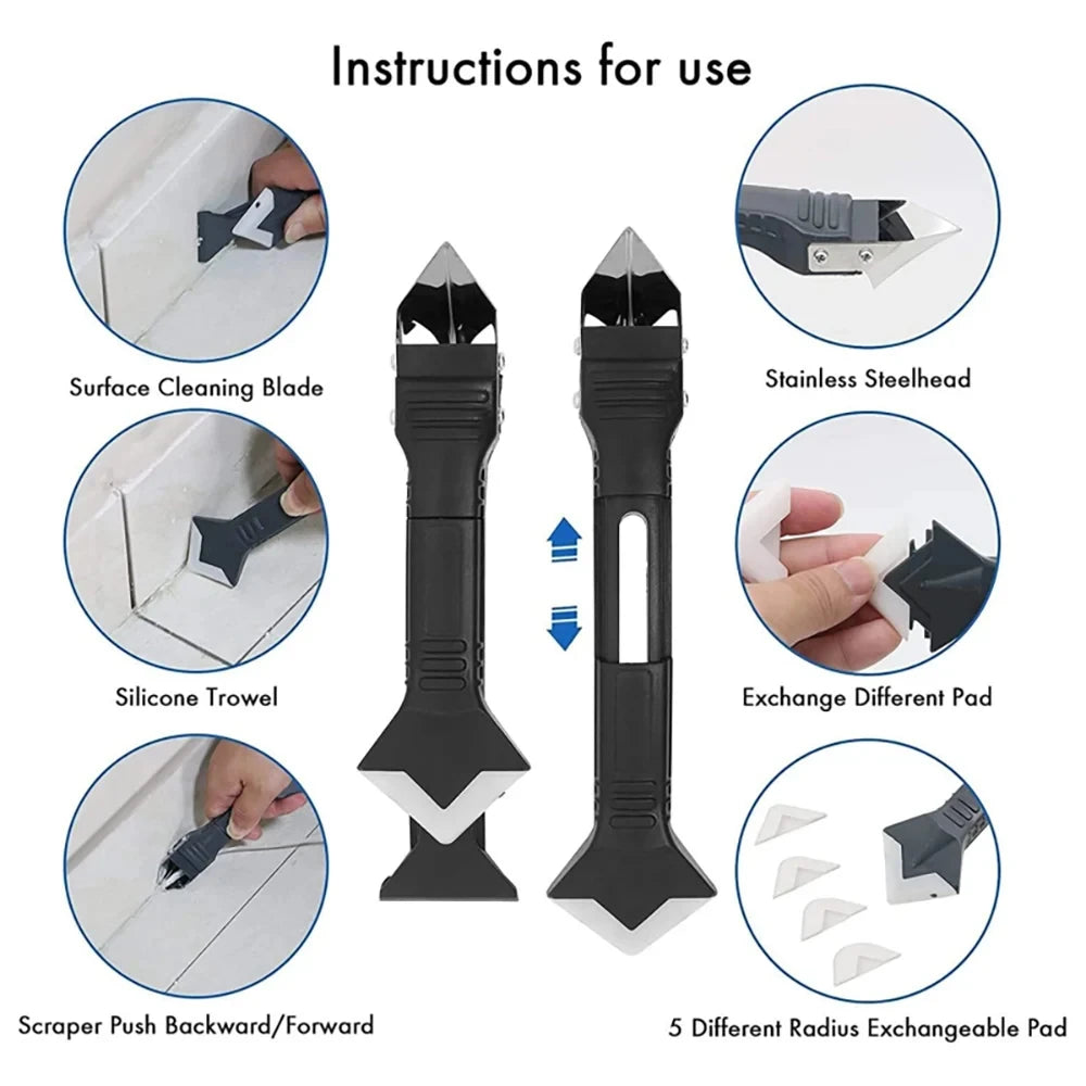 5 in 1 Metal Head Shovel Glue Tool Kit – Silicone Spatula, Caulk Remover, Grout Removal, Sealant Finishing & Corner Scraper