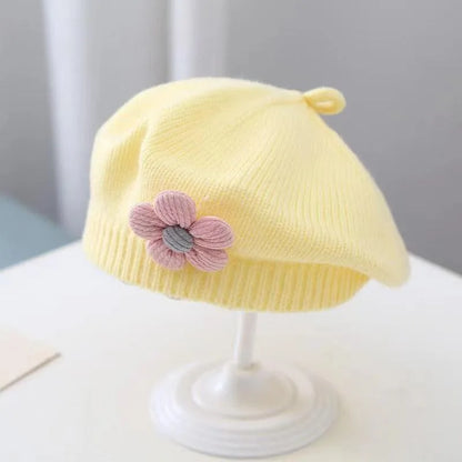 Flower Baby Beret Hat – Winter Warm Knitted Beanie Cap for Infant Girls