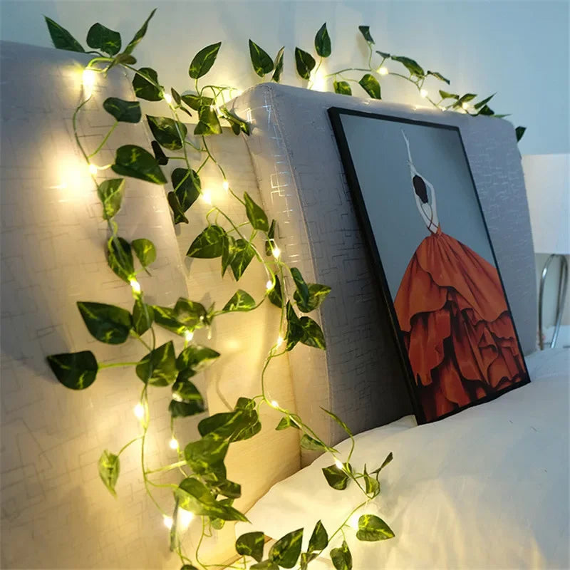 Flower Green Leaf String Lights – Battery Powered Artificial Vine Fairy Lights for Christmas Tree & Home Decor
