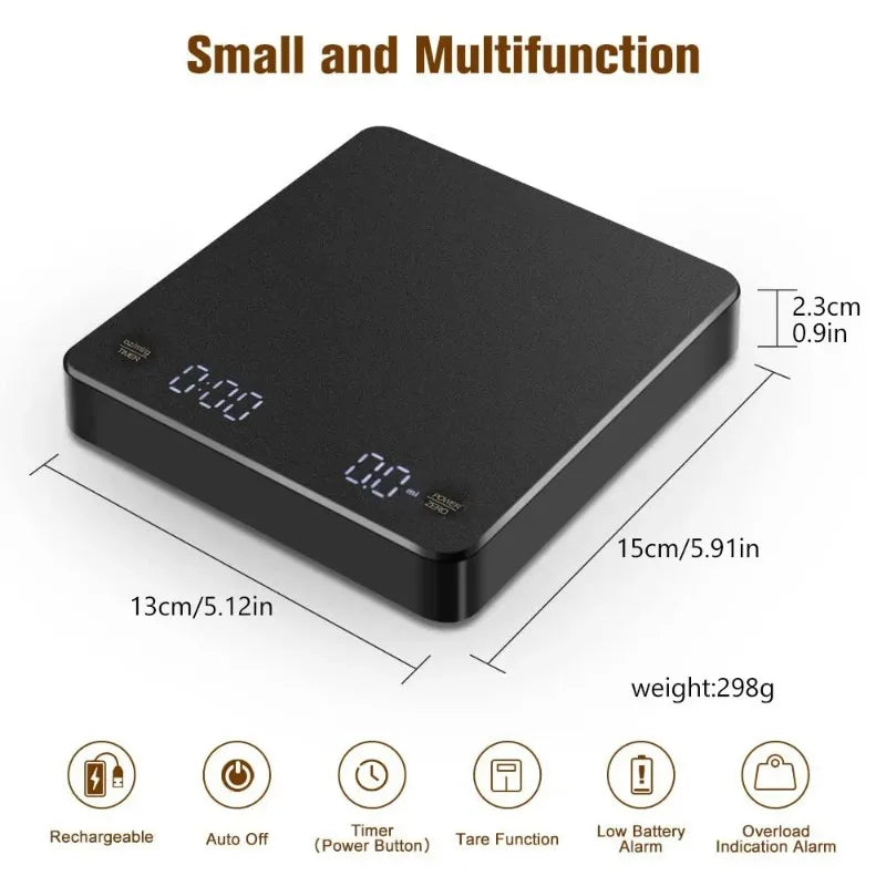Digital Coffee Scale with Timer – High-Precision Espresso Scale (USB Rechargeable, LED Display, 3kg Max, 0.1g Accuracy)