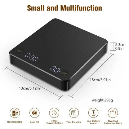 Digital Coffee Scale with Timer – High-Precision Espresso Scale (USB Rechargeable, LED Display, 3kg Max, 0.1g Accuracy)