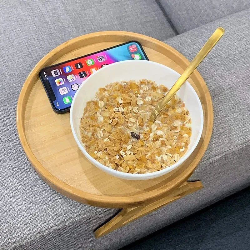 Wooden Sofa Armrest Clip-On Tray Table – Foldable Round Snack Side Table