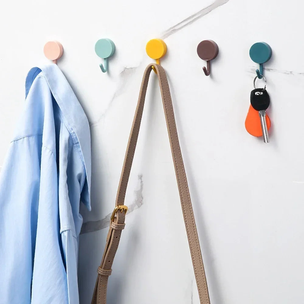 10PCS Self Adhesive Wall Hooks Strong Hold No Drilling – Multi-Color Coat, Bag, Towel Hangers for Bathroom, Kitchen & Home Storage