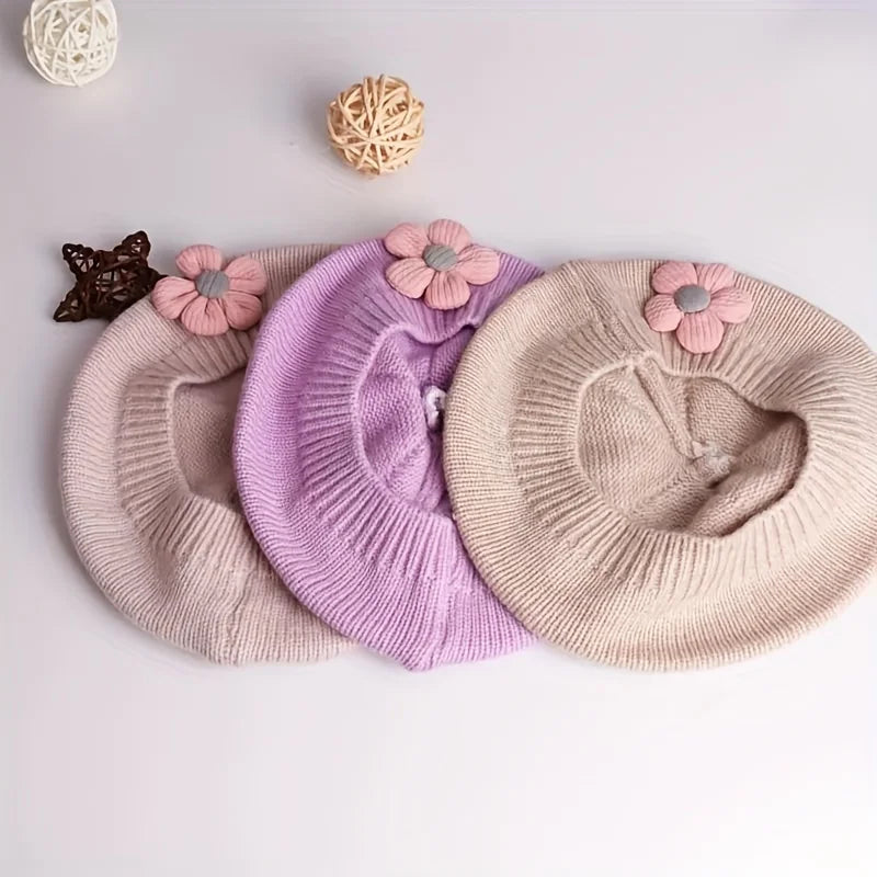 Flower Baby Beret Hat – Winter Warm Knitted Beanie Cap for Infant Girls