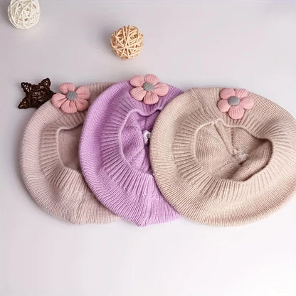 Flower Baby Beret Hat – Winter Warm Knitted Beanie Cap for Infant Girls