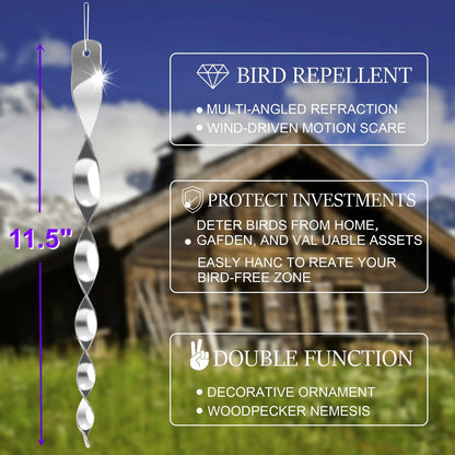 12Pcs Birds Repellent Reflective Rods Silver Spinner Bird Deterrent Device Hanging Ornament for Outdoor Garden Decor Supplies 12