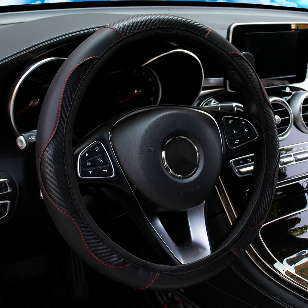 PU Carbon Fiber Leather Steering Wheel Cover – Fits 14.5–15 Inch Cars, Durable Automotive Accessory