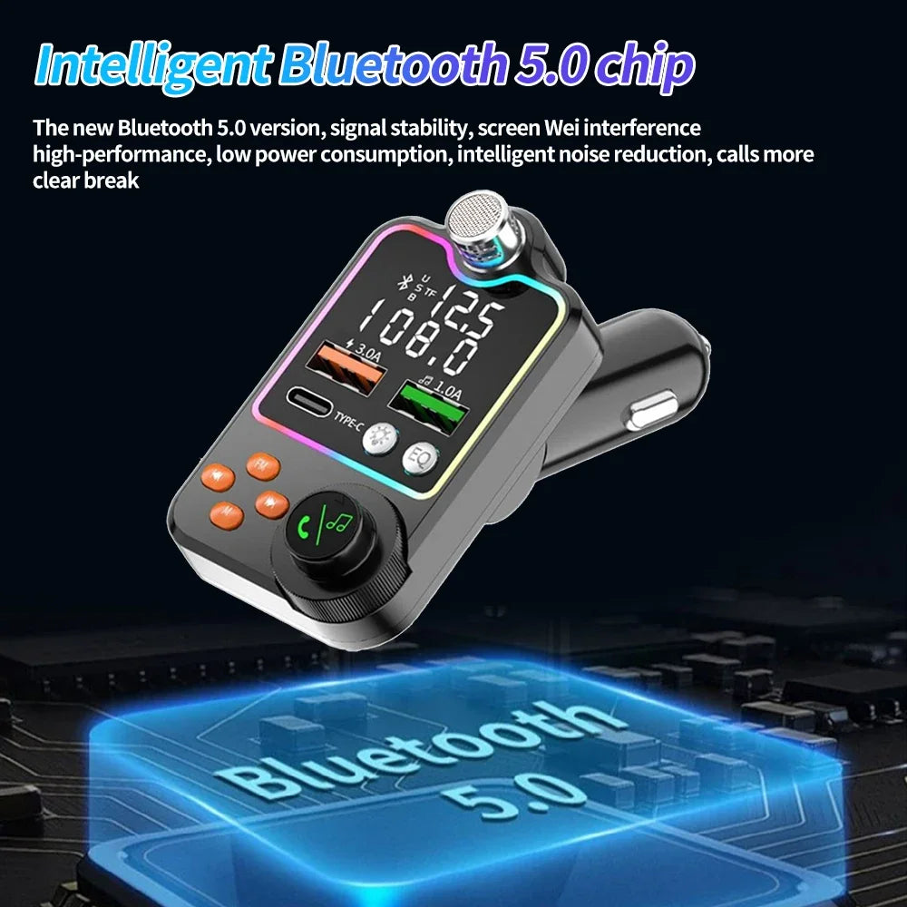 Bluetooth 5.0 Car Charger Dual USB Type C Quick Charge Hands-free Call Kit FM Transmitter MP3 Player Car Cigarette Lighter