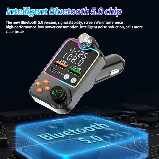 Bluetooth 5.0 Car Charger Dual USB Type C Quick Charge Hands-free Call Kit FM Transmitter MP3 Player Car Cigarette Lighter