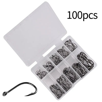 100Pcs High Carbon Steel Fishing Hooks Set – Assorted Barbed Carp Hooks for Fly & Jig Fishing