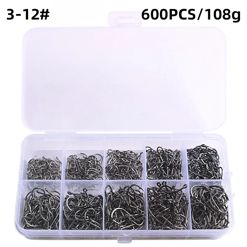 High-Carbon Steel Fishing Hooks Set – 50 to 1600pcs Barbed Circle Hooks in Tackle Box (Sizes 3#–12#)