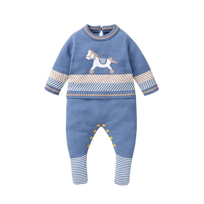 Blue Knit Baby Romper – Long Sleeve Jumpsuit for Newborn Boys & Unisex Winter Wear