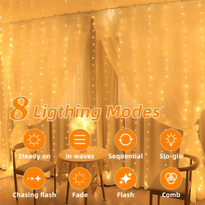 Solar Curtain Light LED Outdoor Waterproof – 300 LEDs Fairy Garland String Lights for Yard, Wedding & Party Decoration