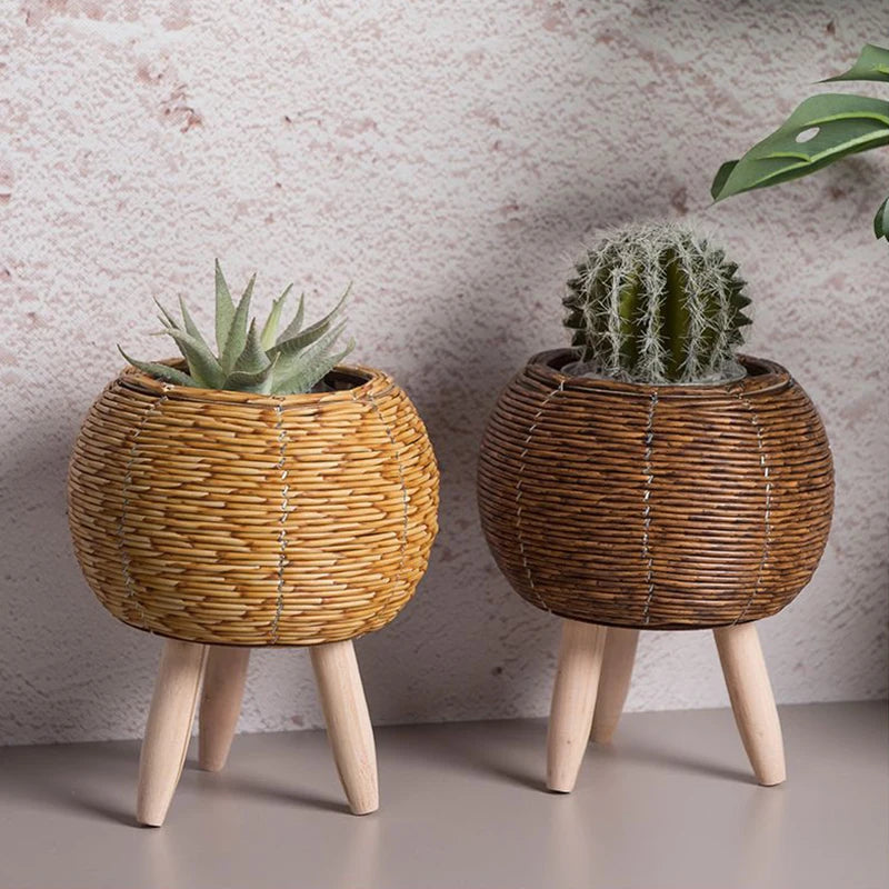 Nordic Rattan Plant Stand – Woven Flower Pot with Legs for Home & Garden