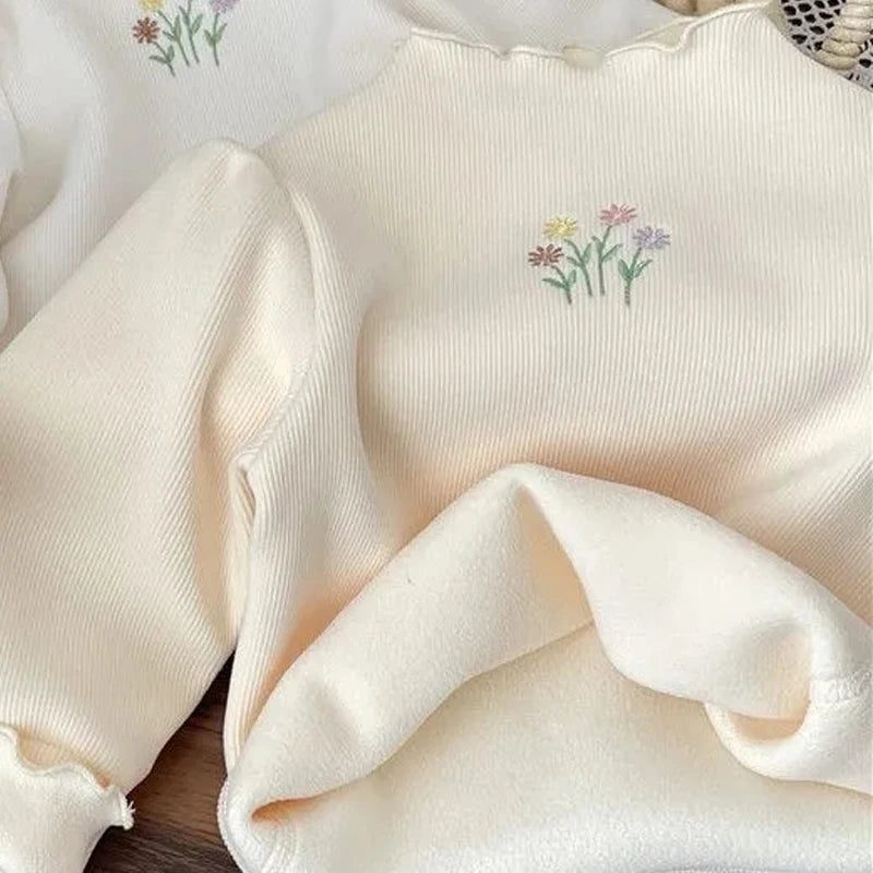 Baby Girls Winter Thickened Sweater – Warm Puff Sleeve Embroidered Top for Kids 1-6 Years