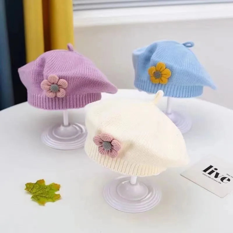 Flower Baby Beret Hat – Winter Warm Knitted Beanie Cap for Infant Girls