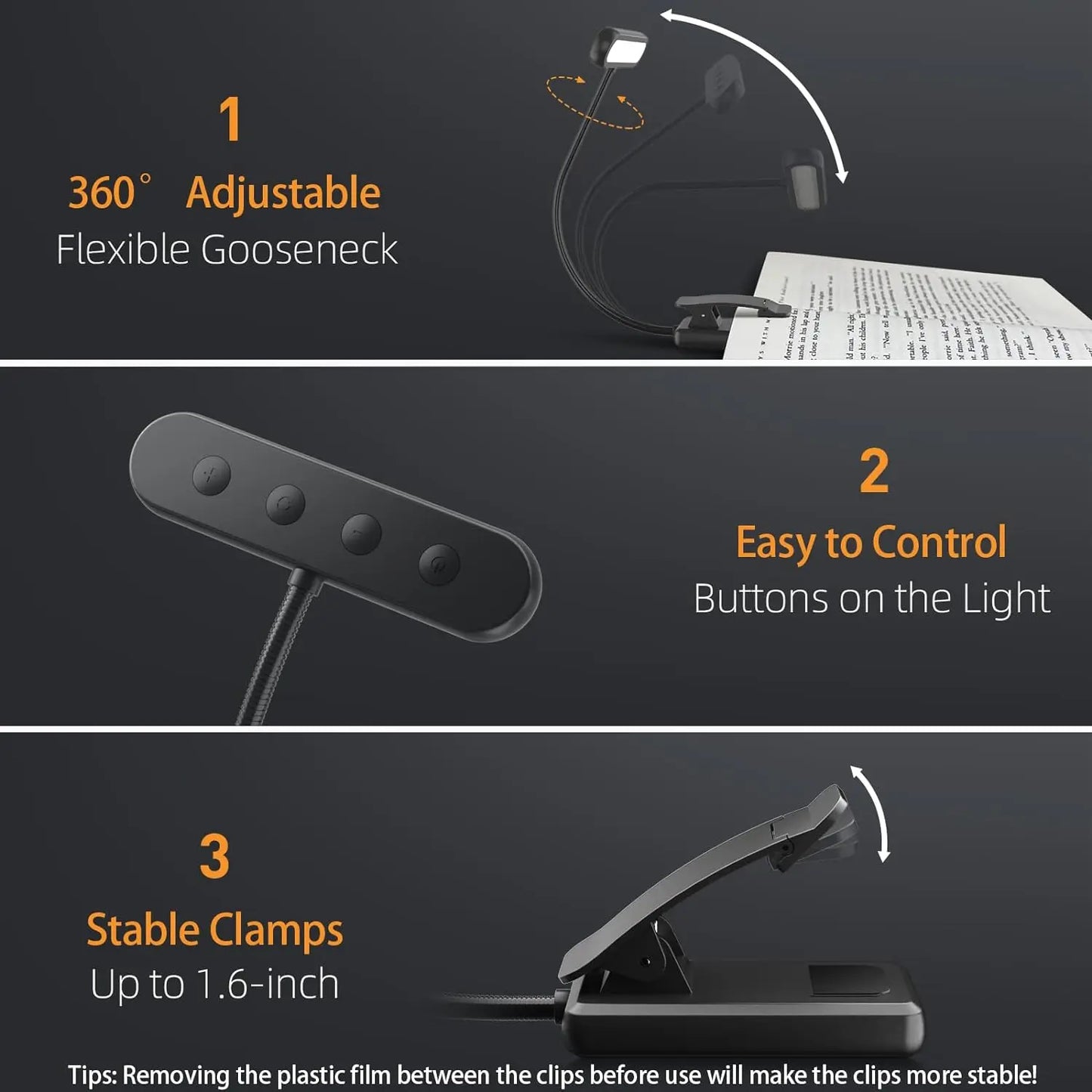 LEDs Book Light USB Rechargeable – Flexible Clip-On Reading Lamp with Warm, Cool & Daylight Modes