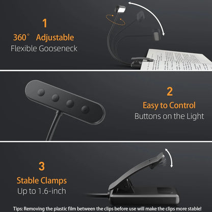 LEDs Book Light USB Rechargeable – Flexible Clip-On Reading Lamp with Warm, Cool & Daylight Modes