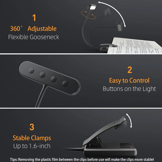 LEDs Book Light USB Rechargeable – Flexible Clip-On Reading Lamp with Warm, Cool & Daylight Modes