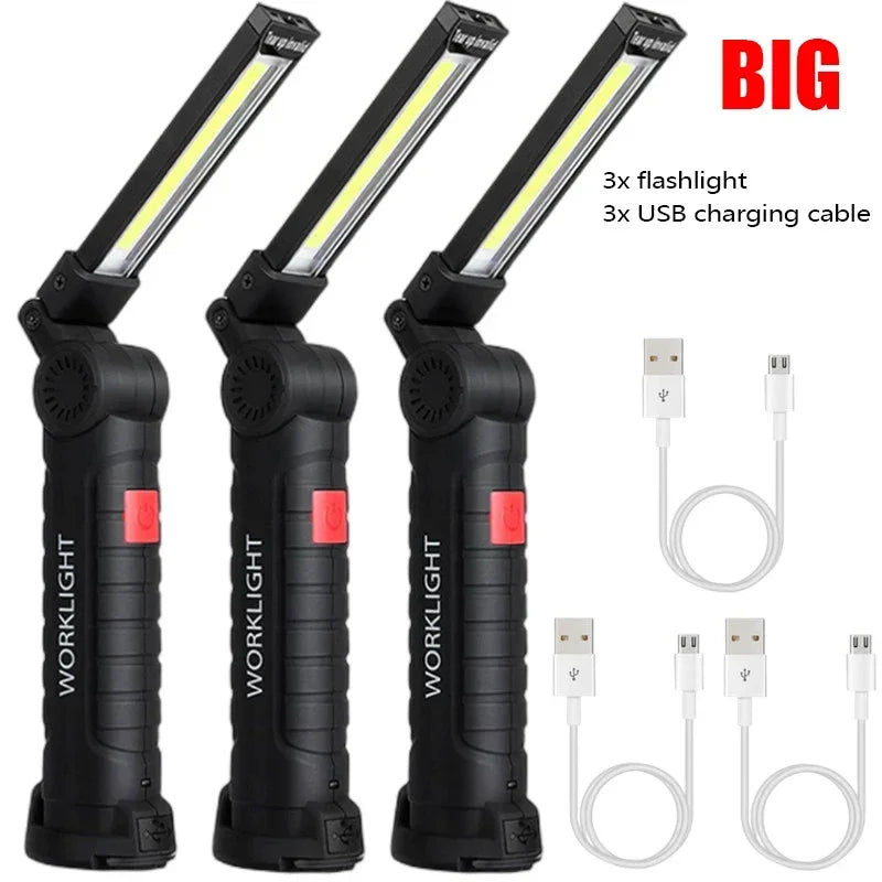 High Power LED Flashlight USB Rechargeable Camping Work Light Portable Outdoor Torch with Magnetic Base for Emergency Lighting