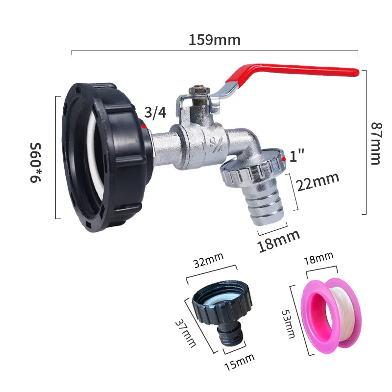 S60x6 IBC Tank Tap Connector – Coarse Thread Water Coupling Adapter for 1/2'' & 3/4'' Garden Hose Fittings (Fits 1000L Tanks)