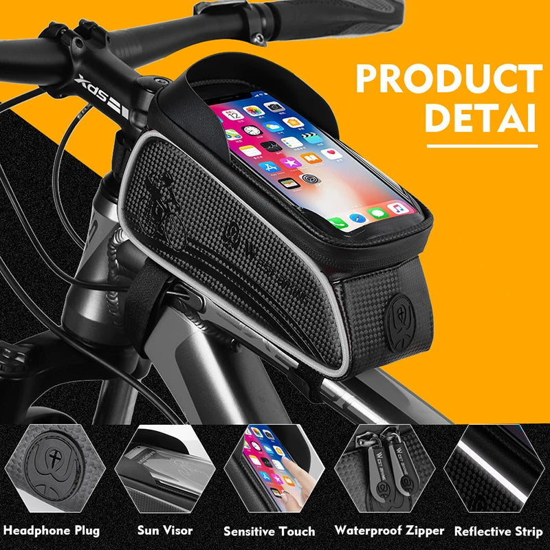 WEST BIKING Waterproof Bicycle Frame Bag – Front Top Tube Storage with Touchscreen Phone Case for MTB & Road Bikes