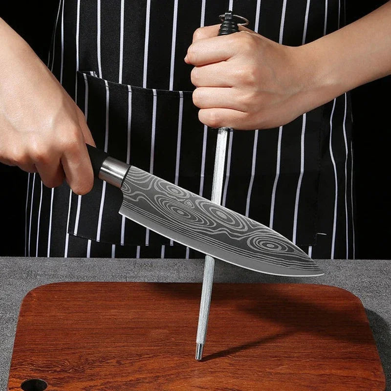 Laser Damascus Pattern Kitchen Knife & Scissors Set – Stainless Steel Utility Knives with Sharpening Rod for Precise Slicing