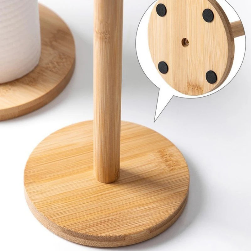 Bamboo Paper Towel Holder – Vertical Wooden Roll Rack for Kitchen & Bathroom