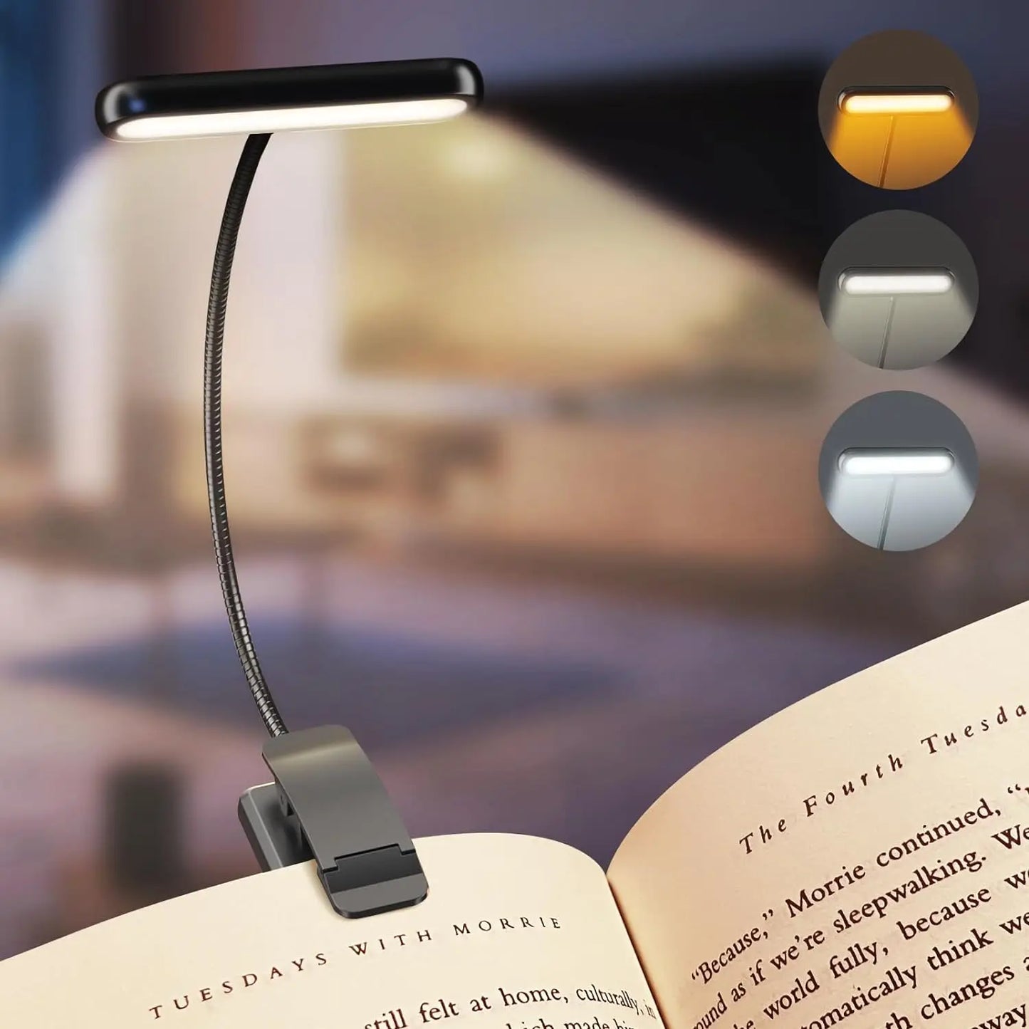 LEDs Book Light USB Rechargeable – Flexible Clip-On Reading Lamp with Warm, Cool & Daylight Modes