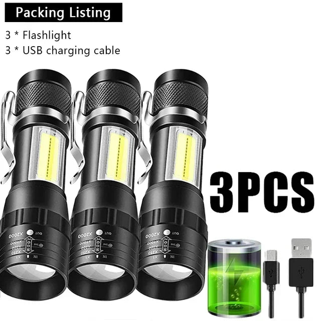 COB + XPE Mini USB Rechargeable Flashlight – Zoomable Small Torch with Clip, 350 Lumens, Waterproof Emergency Light for Camping, Hiking, Fishing