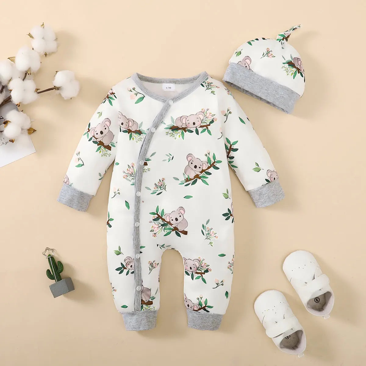 Bear Print Baby Romper – Soft Long Sleeve Winter Jumpsuit for Infants