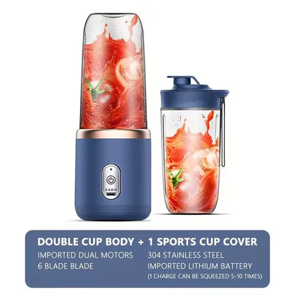 Electric Juicer with 6 Blades USB Portable Wireless Mini Smoothie Blender – Fruit Squeezer & Ice Crusher, 300ML Rechargeable Cup for Kitchen & Travel
