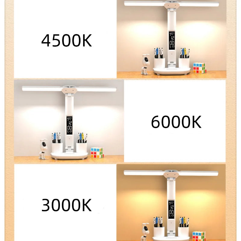 LED Clock Table Lamp – USB Rechargeable Foldable Desk Light with Dimmable Touch Control & Eye Protection for Reading, Study & Office