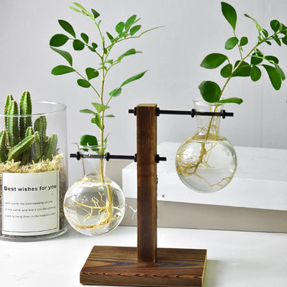 Glass Planter Bulb Vase with Wooden Stand – Desktop Hydroponic Plant Holder for Home & Office