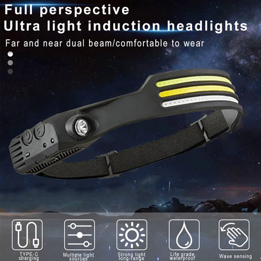 6 Modes LED Induction Headlamp COB Sensor Head Lamp Rechargeable Built-in Battery Flashlight Outdoor Work Lighting Headlights