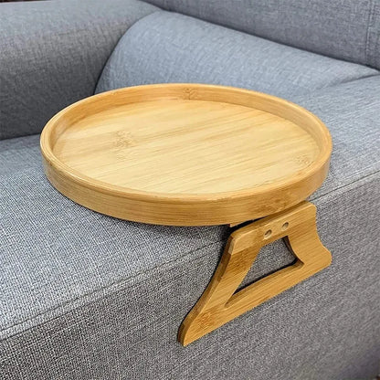 Wooden Sofa Armrest Clip-On Tray Table – Foldable Round Snack Side Table