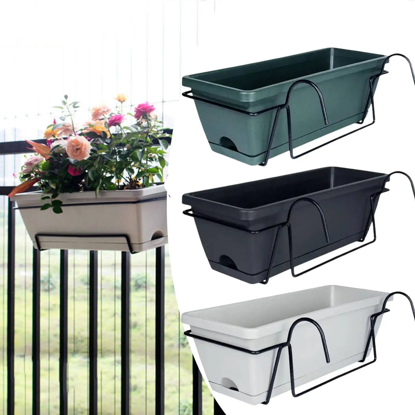 Balcony Railing Hanging Planter – 6L Plastic Window Box with Tray & Rack