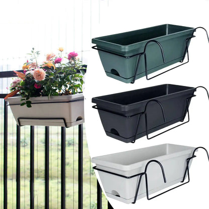 Balcony Railing Hanging Planter – 6L Plastic Window Box with Tray & Rack