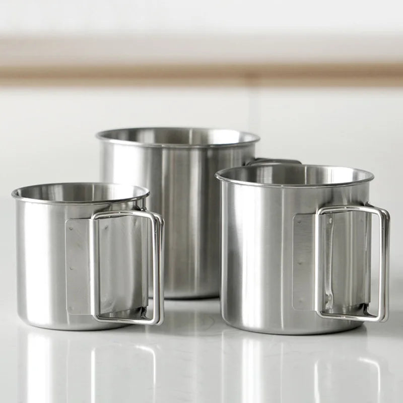 Stainless Steel Camping Cup – 250ml / 350ml / 500ml Portable Outdoor Mug with Carabiner & Foldable Handle