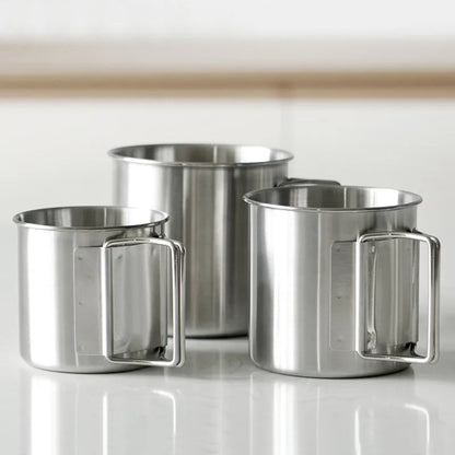 Stainless Steel Camping Cup – 250ml / 350ml / 500ml Portable Outdoor Mug with Carabiner & Foldable Handle