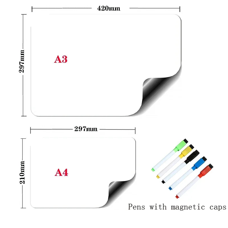 A3 + A4 Magnetic Dry Erase Board Set – Flexible Refrigerator Whiteboard with Markers
