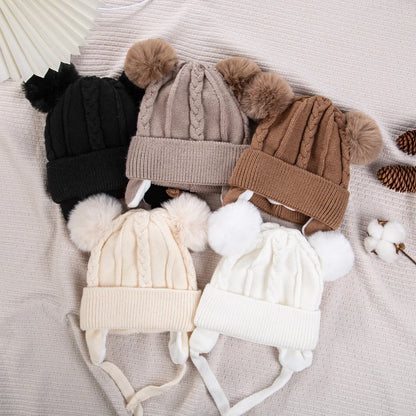 Bear Knit Winter Hat – Warm Baby Earmuff Cap with Pompoms & Cotton Lining