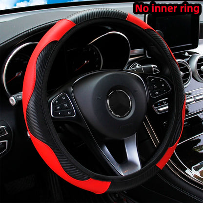 PU Carbon Fiber Leather Steering Wheel Cover – Fits 14.5–15 Inch Cars, Durable Automotive Accessory