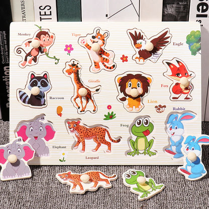﻿Montessori Wooden Hand Grab Boards Baby Educational Cartoon Vehicle Animals Fruits 3D Puzzles Kids Early Education Toys TMZ﻿