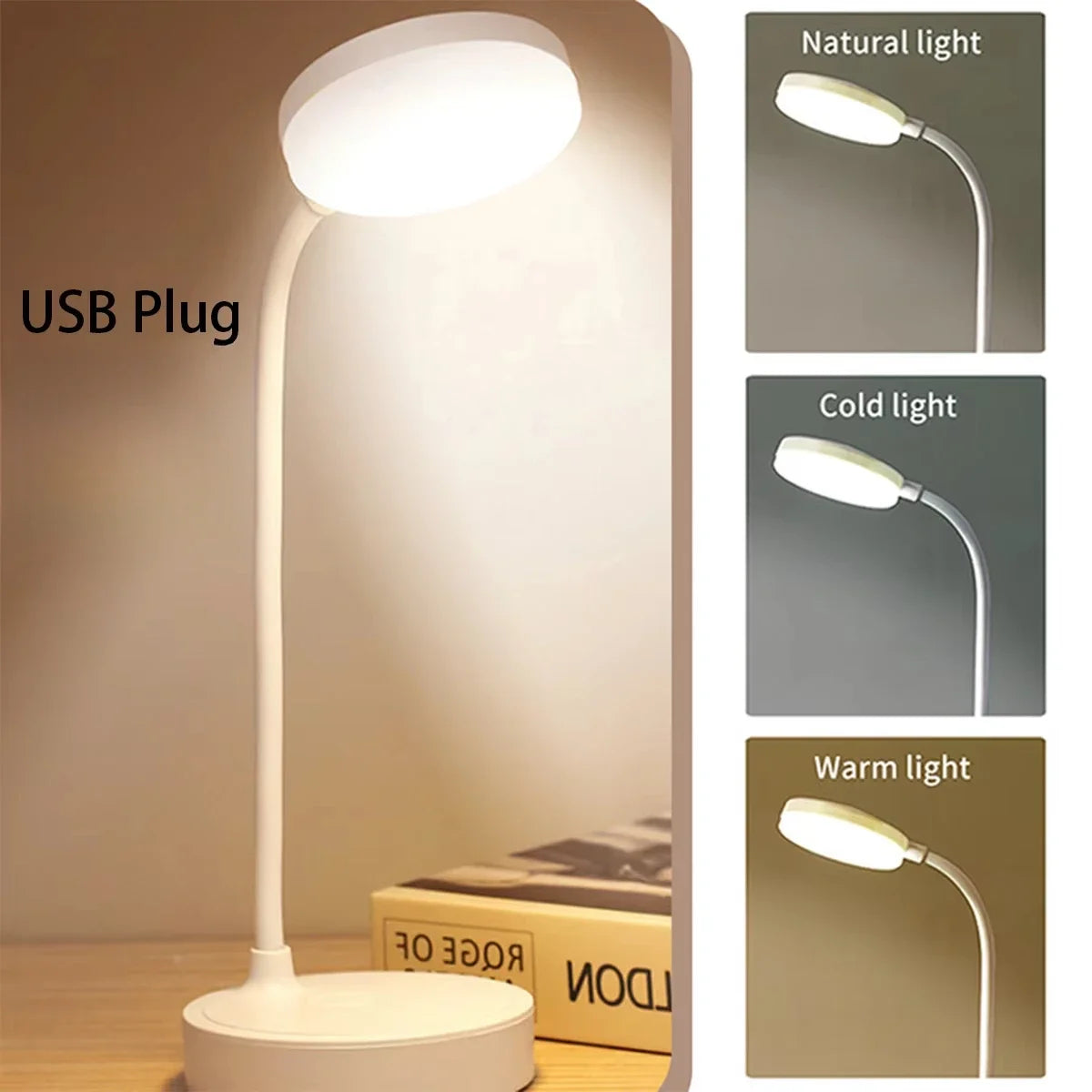 Flexible LED Desk Lamp with 3-Level Dimmer – USB Powered Eye-Caring Warm & White Light for Home Office & Study
