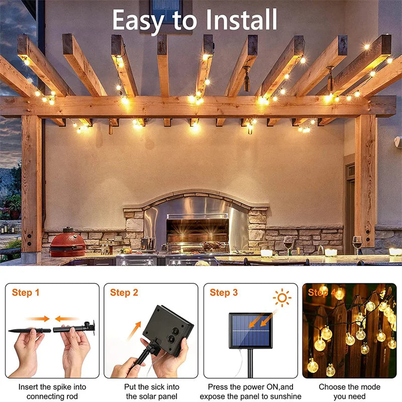 LED Solar String Lights – Waterproof Crystal Globe Lights with 8 Modes for Outdoor Garden, Patio, Tree & Party Decoration
